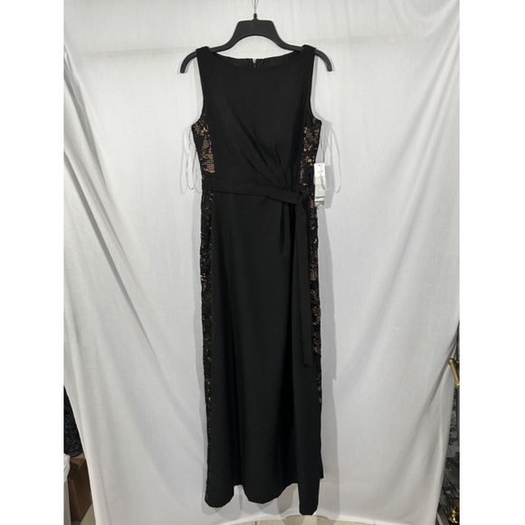 NWT $268 Kay Unger‎ [ 4 ] Belted Crepe Lace-Side Gown in Black Tan - Picture 5 of 15